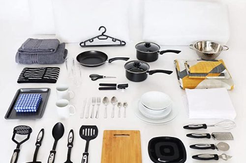£150 Cash or Noah 55+ Piece Student Essential Starter Kit - Bedroom & Kitchen Essentials in One Box - Includes UK Single Duvet, Pillows, Pasture Coral Bedding, Pots & Pans, Cooking Utensils, Dinnerware & More