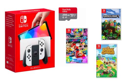 Nintendo Switch OLED (White), 3X Games, & 256 GB Memory Card Bundle