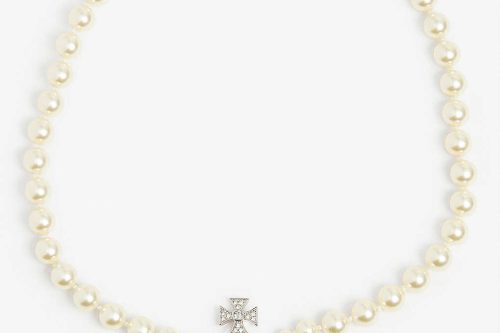 VIVIENNE WESTWOOD Bas Relief orb-pendant brass, Swarovski crystals and pearl necklace