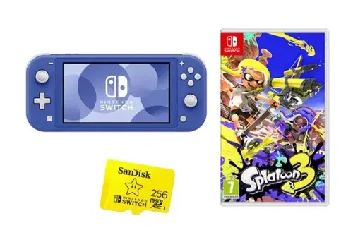 NINTENDO Switch Lite Blue, Splatoon 3 & 256 GB Memory Card Bundle