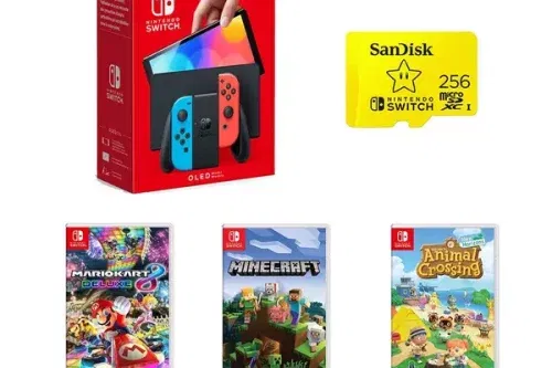 NINTENDO Switch OLED Neon, Games & SanDisk 256 GB Memory Card Bundle