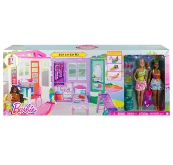 TOY DAY- AUTO WIN-Barbie Holiday Fun Summer Beach House, Dolls and Accessories