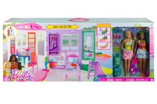 TOY DAY- AUTO WIN- Barbie Holiday Fun Summer Beach House, Dolls and Accessories