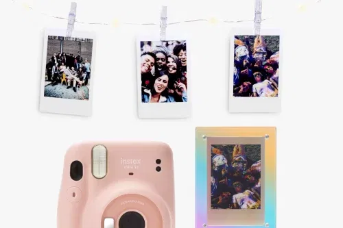 AUTO WIN-Instax Mini 11 Instant Camera, Blush Pink, Bundle with 10 Shots of Film, Iridescent Frame & Hanging Twine with LED Lights