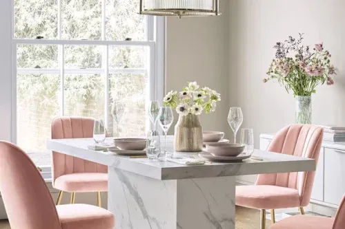 Marble Effect Dining Table and 4 Grey or Pink Chairs