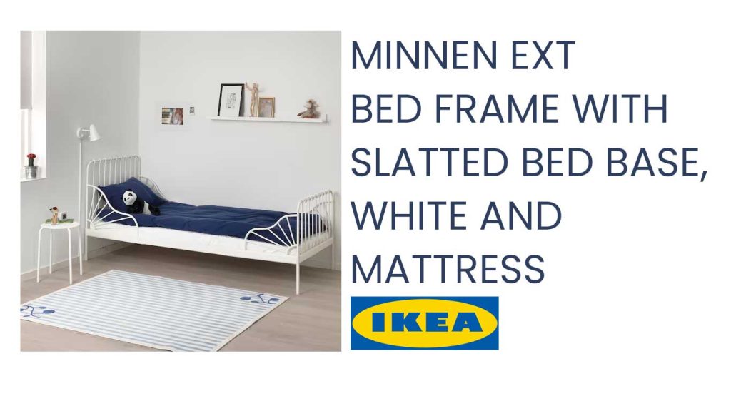 MINNEN Ext bed frame with slatted bed base, white and Mattress