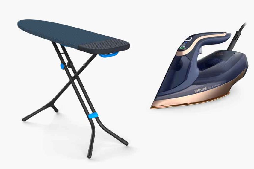 Joseph Joseph Glide Plus Strijkplank, 110 x 33 cm, met compacte, verstelbare poten en geïntegreerde stoomstrijkijzersteun, hittebestendig, overtrek van katoen, super absorberend en druppelvrij, zwart/blauw