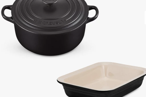 Le Creuset Cast Iron 20cm Casserole and 29cm Stoneware Dish Set, 2 Piece, Satin Black