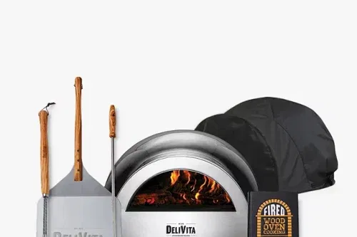 DeliVita Pizza Lover’s Collection Wood-Fired Portable Outdoor Oven, Cover, Utensils & Starter Set, Very Black
