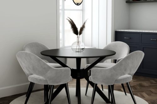 4 Seater Dining Set with Round Black Table and Grey Fabric Dining Chairs