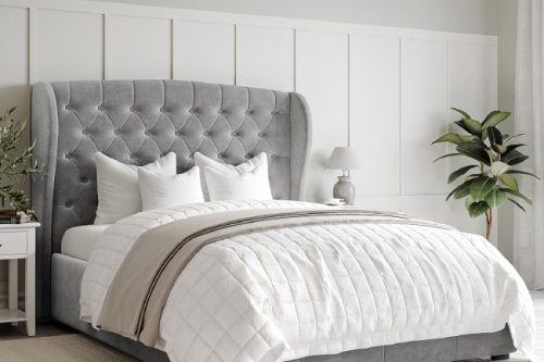 Grey Velvet King Size Ottoman Bed with Winged Headboard With Mattress