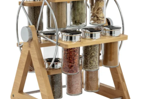 AUTO WIN - Bamboo 15 Jar Wheel Spice Rack Set
