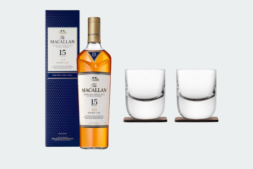 LSA International Straight Whisky Tumbler with Wood Coaster, Set of 2, & The Macallan 15 Year Old Single Malt Scotch Whisky, 70cl