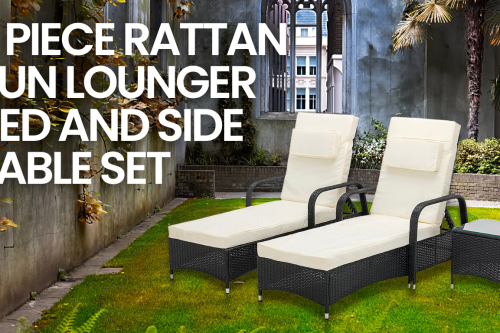 3 Pieces Rattan Sun Lounger Bed Recliner Outdoor Garden Chair & Side Table Set Venice (Grey)