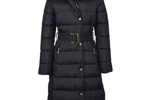 Barbour International Track Line Long Quilted Hooded Coat, Black