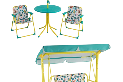 AUTO WIN - 4 Piece Kids Garden Patio Set - Jungle Design & Kids 2 Seat Garden Swing Seat - Jungle Animal Design - 11/05