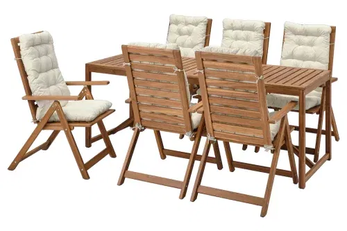 Table+6 reclining chairs, outdoor, light brown stained