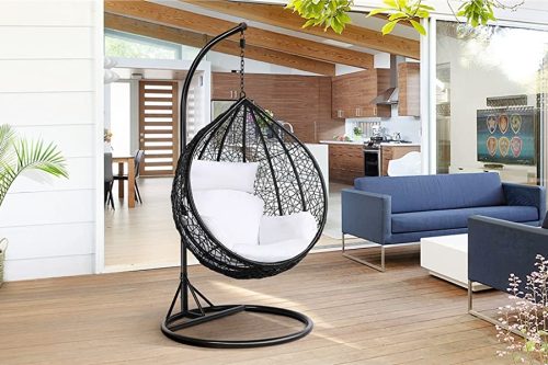 Yaheetech Rattan Swing Egg Chair Garden Patio Indoor Outdoor Hanging Chair with Stand Cushion and Cover,Black