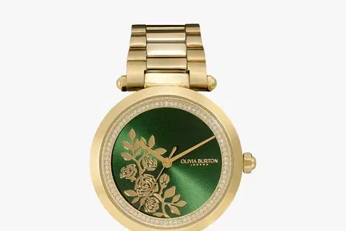 Olivia Burton Women's T-Bar Floral Bracelet Strap Watch, Gold/Green