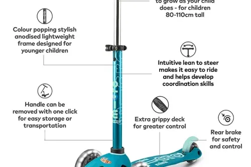 AUTO WIN - Micro Scooters Mini Deluxe LED Scooter, Aqua - 15/07