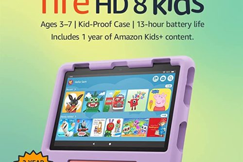 Amazon Fire HD 8 Kids tablet | 8-inch HD display, ages 3–7, includes 2-year worry-free guarantee, Kid-Proof Case, 32 GB, 2022 release, Purple
