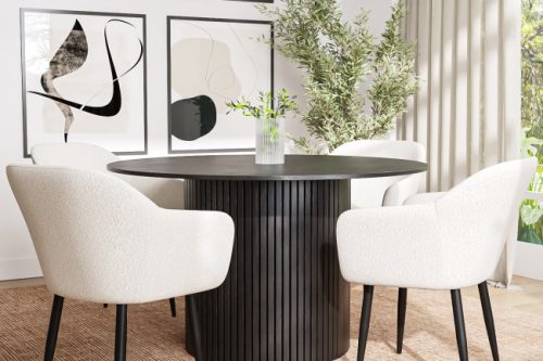 Round Black Oak Dining Table with 4 Cream Boucle Chairs - Jarel