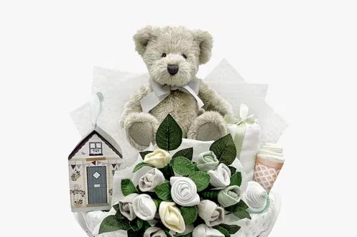 Babyblooms Berkeley Bear’s New Baby Gift Basket, White - 03/10