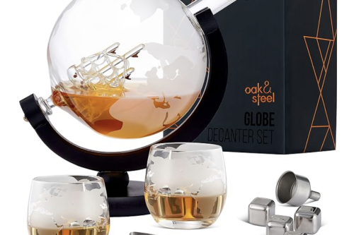 AUTO WIN - Oak & Steel - Whiskey Decanter Etched World Globe Design - 06/10