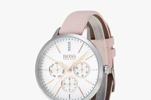 AUTO WIN - BOSS 1502419 Women's Symphony Day Date Chronograph Leather Strap Watch, Pink/White
