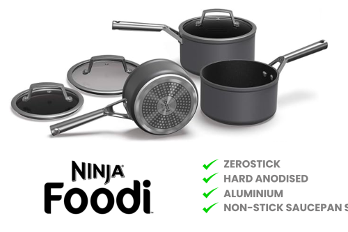 Ninja Foodi ZEROSTICK Hard Anodised Aluminium Non-Stick Saucepan Set, 3 Piece