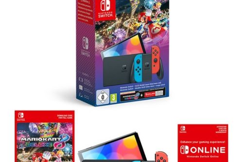 AUTO WIN - OLED Console Neon Blue/Neon Red + Mario Kart 8 Deluxe Bundle + 3 Months Nintendo Switch Online - 26/12