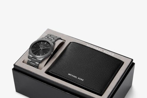 MICHAEL KORS OVERSIZED SLIM RUNWAY GUNMETAL WATCH AND JET SET CHARM LEATHER WALLET GIFT SET AUTO WIN 01/04