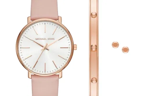 AUTO WIN-Michael Kors Pyper Leather Strap Watch, Rose Gold-Tone Bracelet & Earring Giftset
