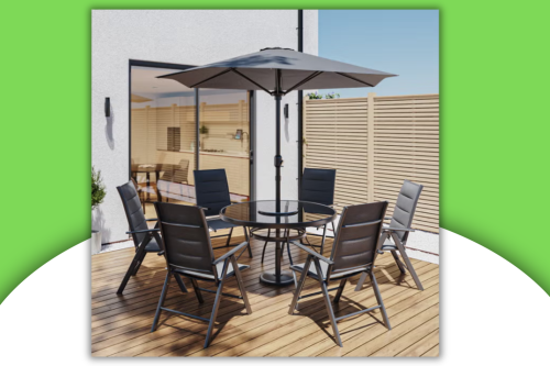 6 seater Grey Metal Garden Dining Set with Lazy Susan Parasol & Padded Foldable Chairs - Fortrose-AUTO WIN