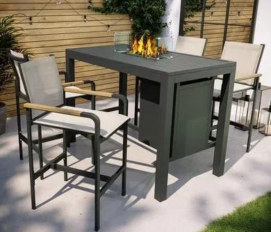 4 Seater Grey Metal Garden Bar Table Set with Fire Pit - Como- AUTO WIN