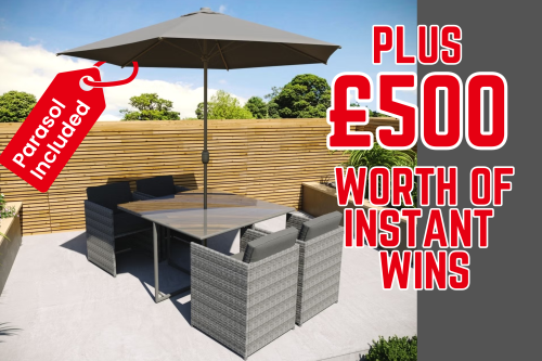 4 Seater Dark Grey Rattan Cube Garden Dining Set - Parasol Included PLUS £500 WORTH OF INSTANT WINS -AUTO WIN
