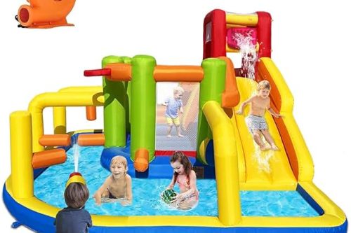 🦊 Bouncy Castle with Blower, Inflatable Water Slide with Obstacles, Dump Bucket, Long Slide, Climbing Wall, Water Cannon for Kids Indoor Outdoor-AUTO WIN