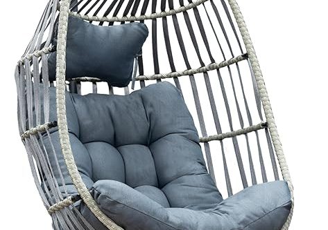 Rattan Hanging Egg Chair | Steel Hanging Swing Chair | Cushioned Wicker Egg Basket | Seat and Stand