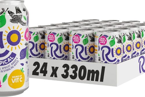 Rio Tropical Original Fizzy Drinks Cans 24 Cans  with Real Orange, Apricot, Mango, Passion Fruit and Guava Juice Flavours Lightly Sparkling 2 WINNERS 03/08