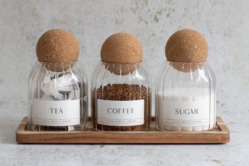 🦊 Set of 3 Cork Ball Glass Jars - Tea, Coffee and Sugar 500ml with Acacia Rectangle Tray - Ribbed Cork Ball