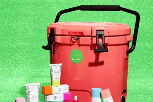 DRUNK ELEPHANT Ten full-size skincare essentials packed in what might be the world’s cutest (and limited-edition) insulated cooler.