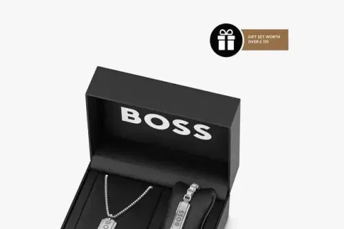 BOSS Men's Devon Dog Tag Pendant Necklace and Box Chain Bracelet Gift Set, Silver-AUTO WIN