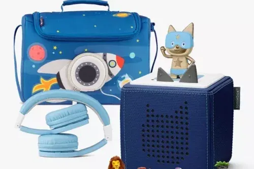 Tonies Blue Headphones, Bag & 4 Tonie Disney Audio Characters Toniebox Starter Set, Navy