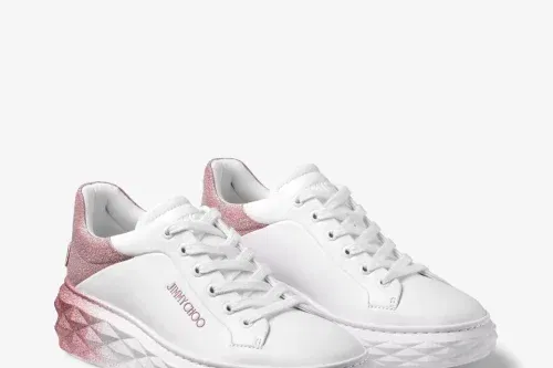 JIMMY CHOO Diamond Maxi F II White & Rose Nappa Leather Glitter Trainers OR £500 CASH-AUTO WIN