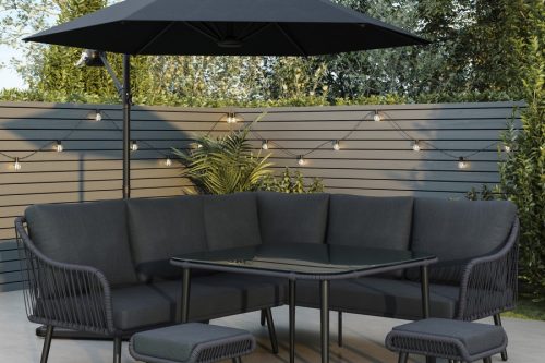 Black Twisted Wicker Corner Sofa Set with Matching Bench Stools and Parasol-AUTO WIN