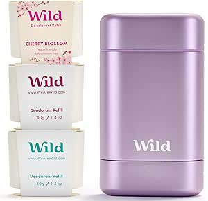 Wild - Purple Case with Refill Variety Pack (3 x 40g) - Natural Refillable Deodorant - Aluminium Free - Includes Fresh Cotton & Sea Salt, Cherry Blossom and Coconut & Vanilla Scents - Vegan-AUTO WIN
