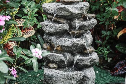 Garden Water Feature Decorate Cascading Tiered Water Fountain Pump Waterfall with LED Lights Indoor/Outdoor, Winding Rockery Waterfall, Dark Grey-AUTO WIN