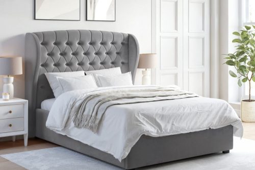 Grey Velvet Double Ottoman Bed with Winged Headboard - Safina + Double 1000 Pocket Sprung Pillow Top Mattress - AUTO WIN