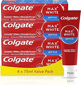Colgate Max White Optic Toothpaste 4X75ml - Teeth Whitening Toothpaste - Clinically Proven Formula - Removes up to 100% of Surface Stains - Optic Brighteners Instantly Whiten Teeth-AUTO WIN 03/08