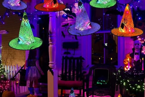 🦊Welodorir Halloween Decorations Glowing Witch Hat, 8Pcs Hanging Glowing Witch Hats Light-Emitting String Lights for Outdoor Gard Tree Yard Party Decor-AUTO WIN 04/09